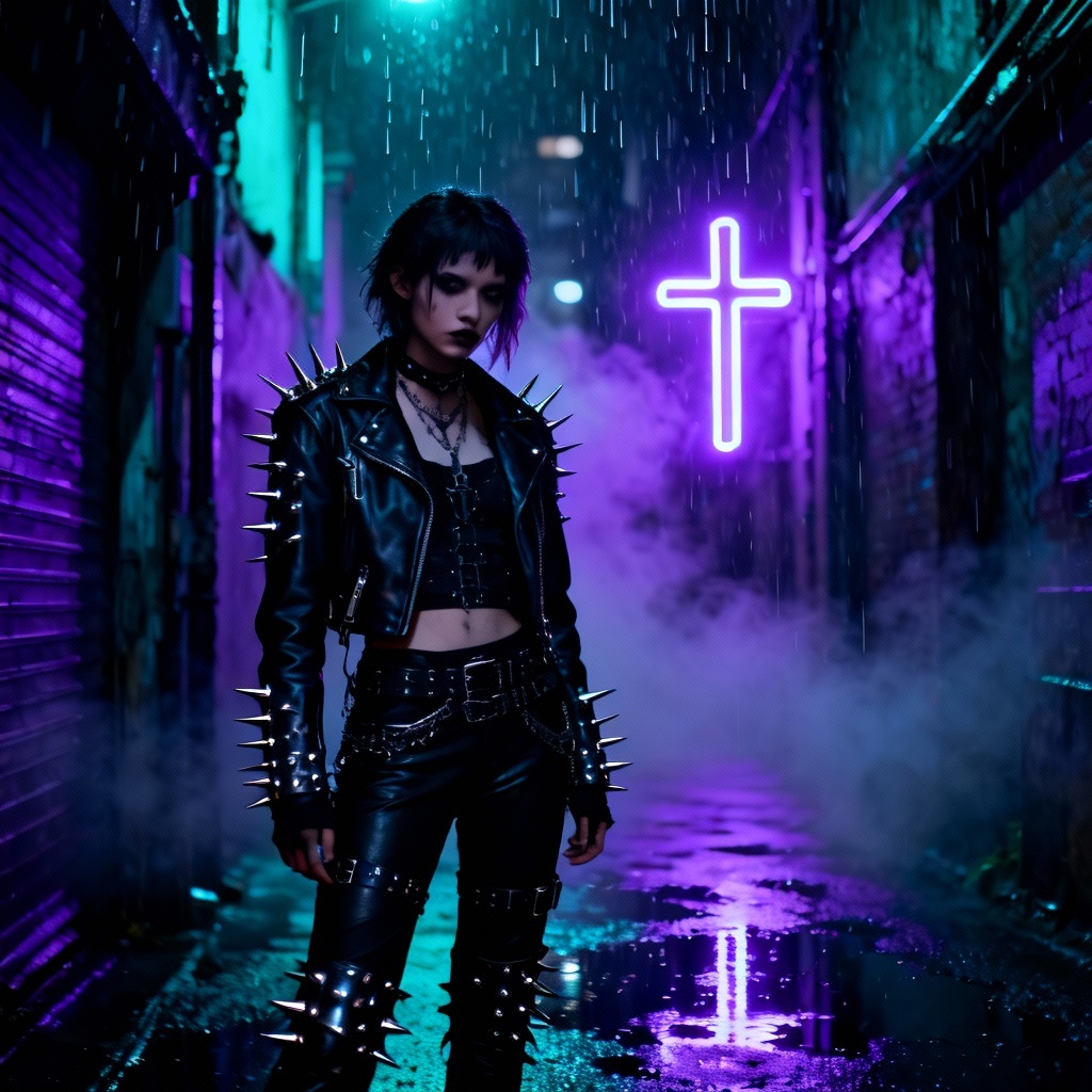 AI cyber gothic alley scene with neon and fog