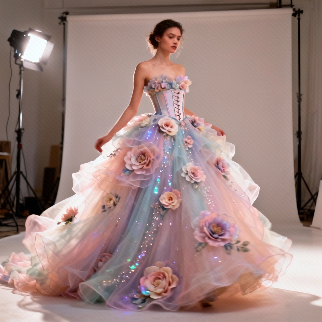 AI floral 3D appliqué ballgown with pastel palette