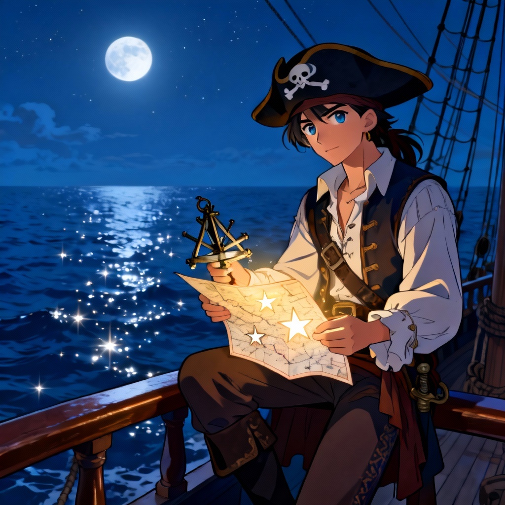 AI One Piece navigator reading star map at night