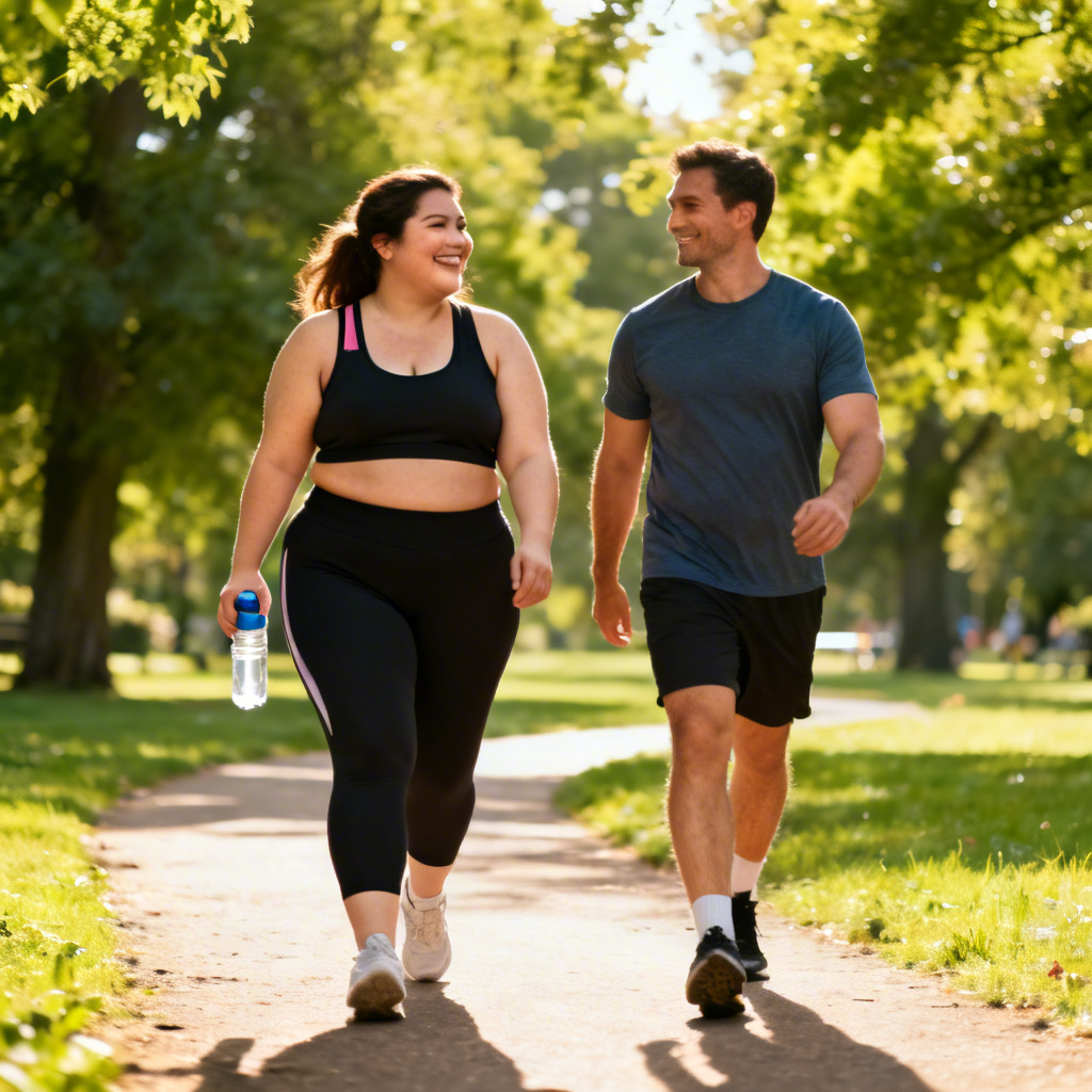 Chubby girlfriend on a walk in the park wearing athleisure