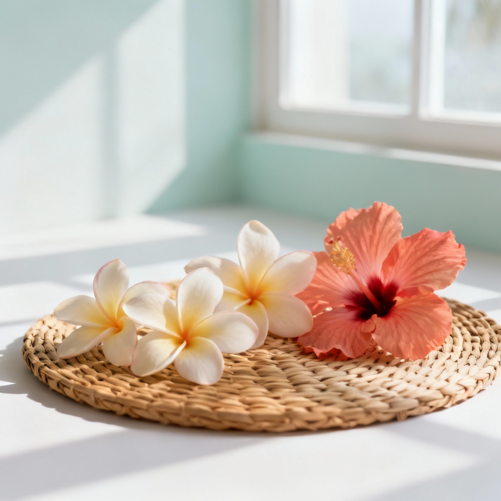 AI still life with plumeria and hibiscus flowers