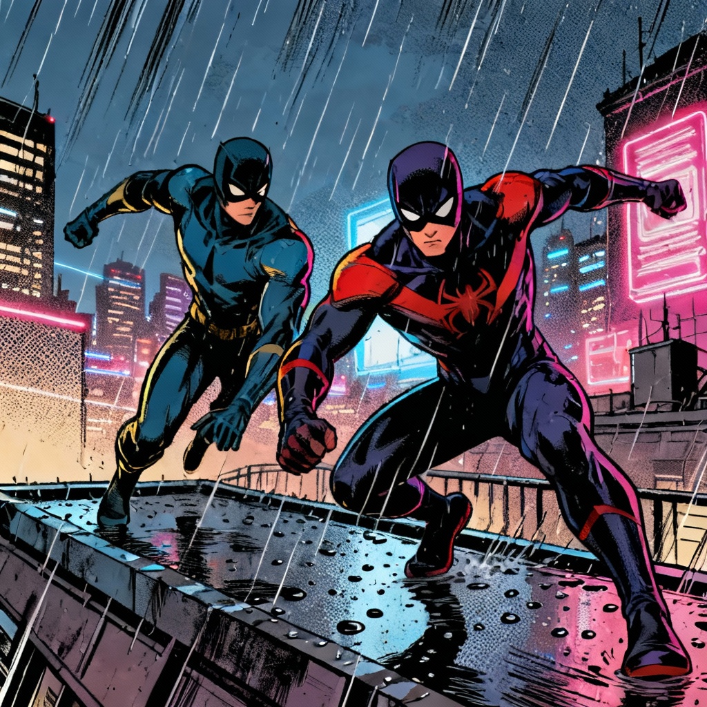 AI superhero fanfic comic panel on rooftop