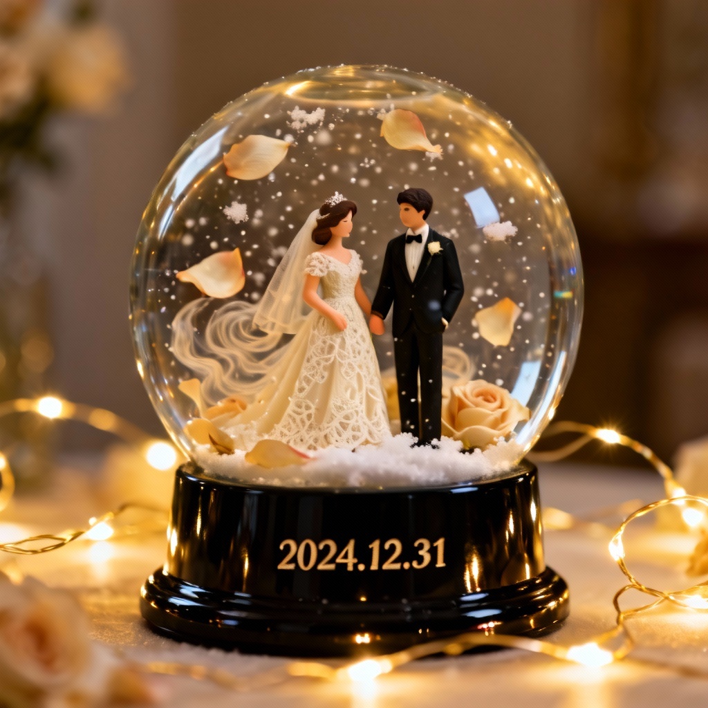 Romantic wedding couple inside AI snow globe with golden lights