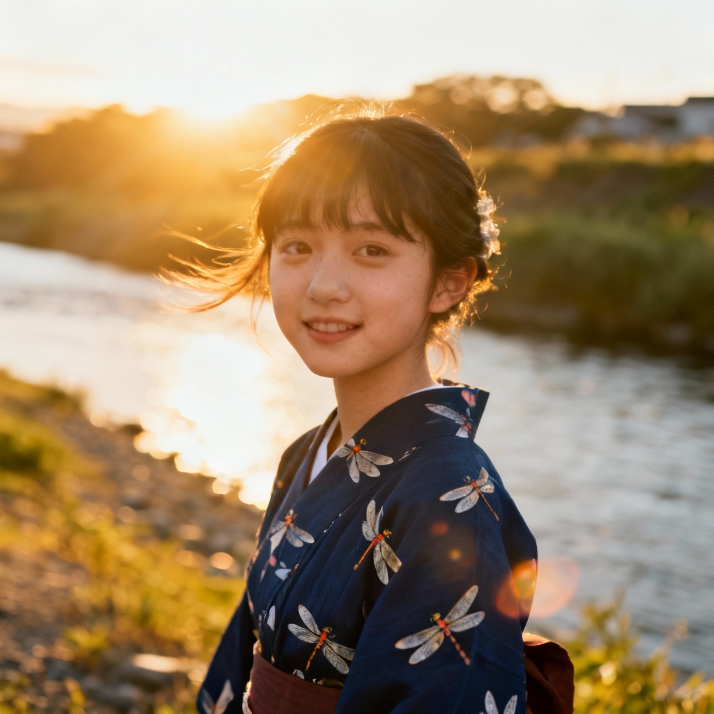 Cinematic AI yukata girl at riverside sunset