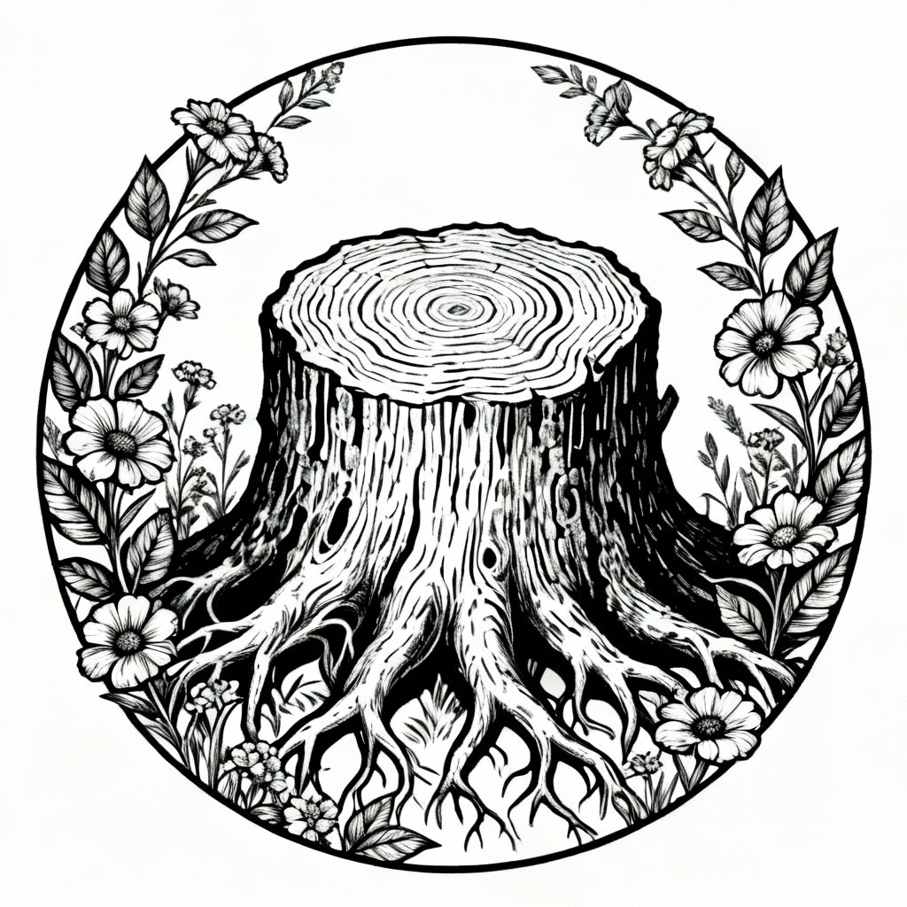 Blackwork tattoo-style line art of a tree stump with roots and flowers