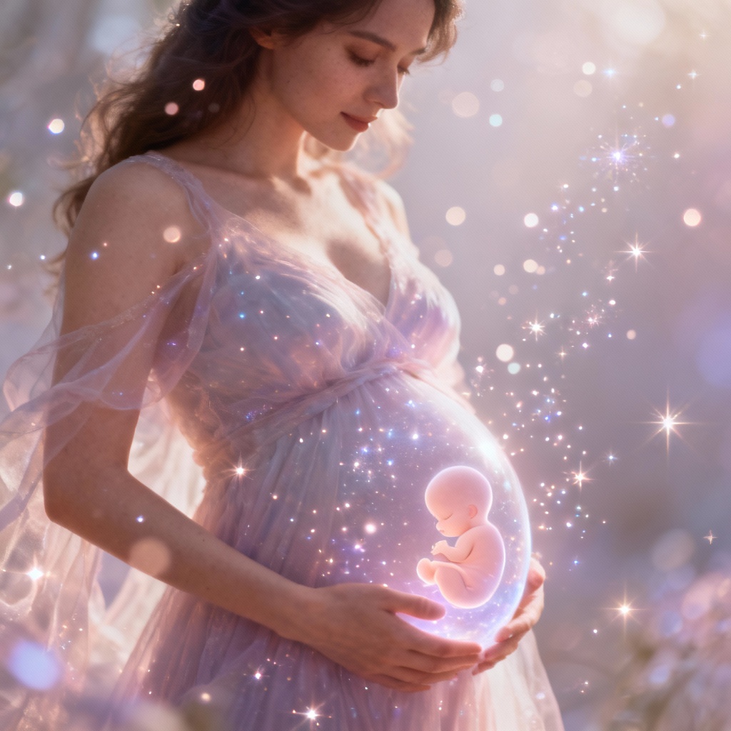 Dreamy fantasy portrait of a mother-to-be with soft glow