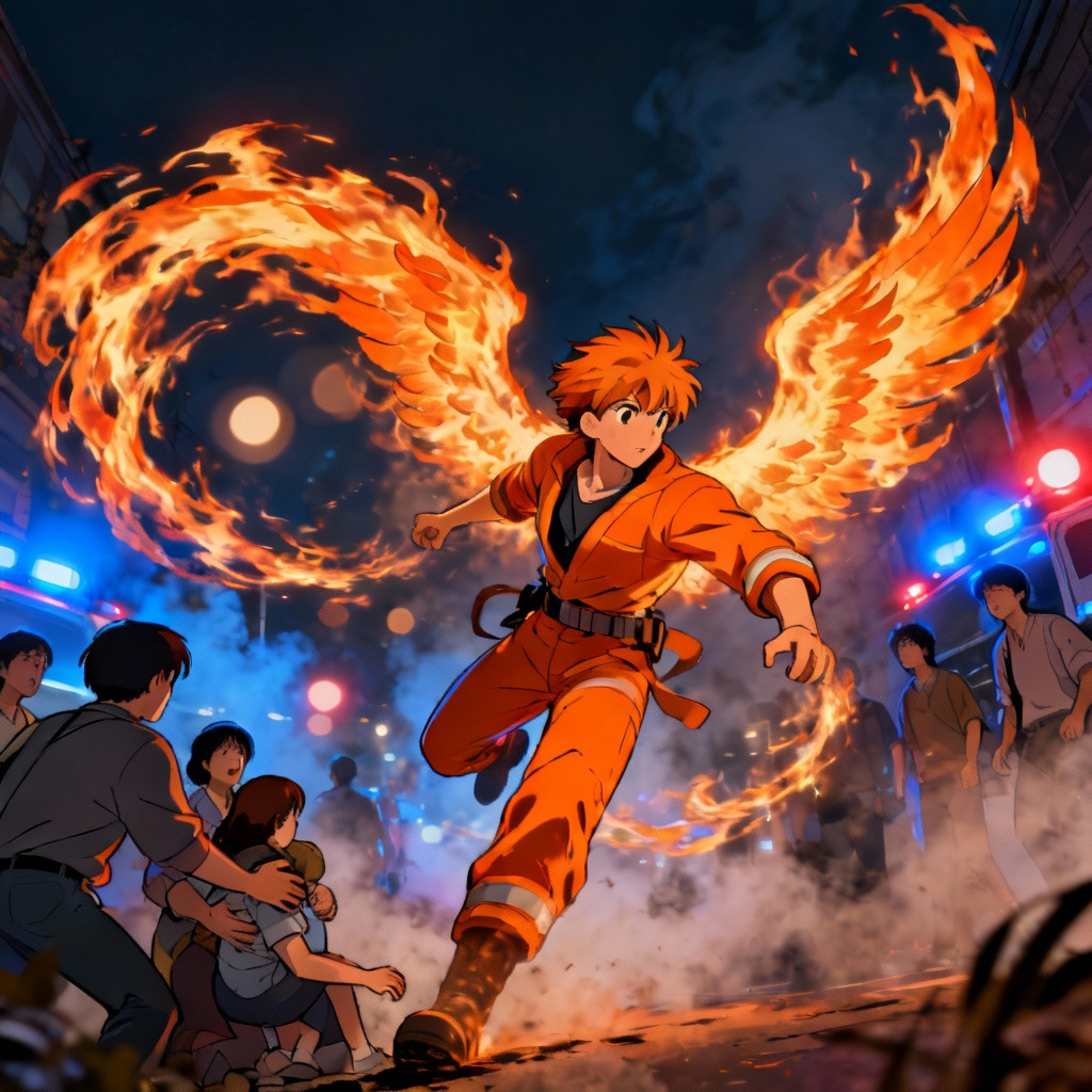 AI MHA flame hero in street rescue with fire wings