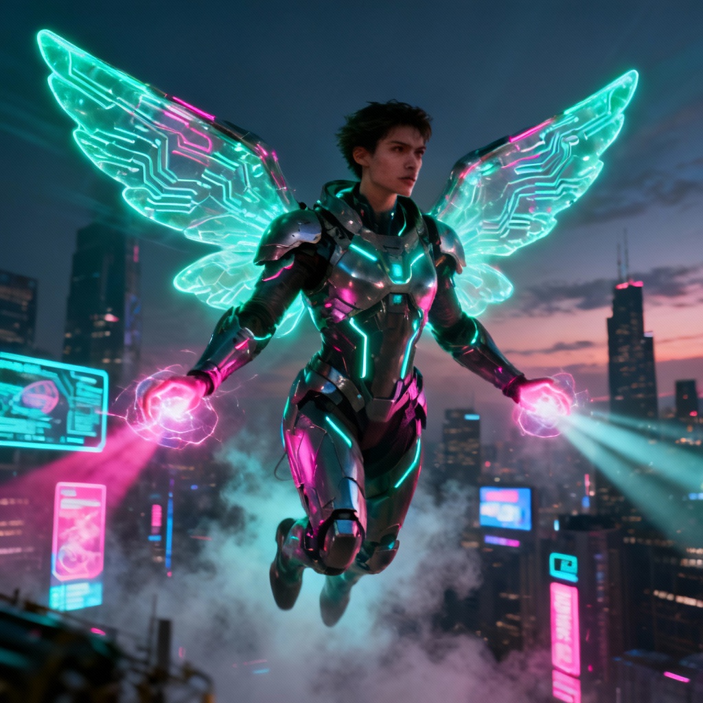 Superhuman hero with neon wings over futuristic city