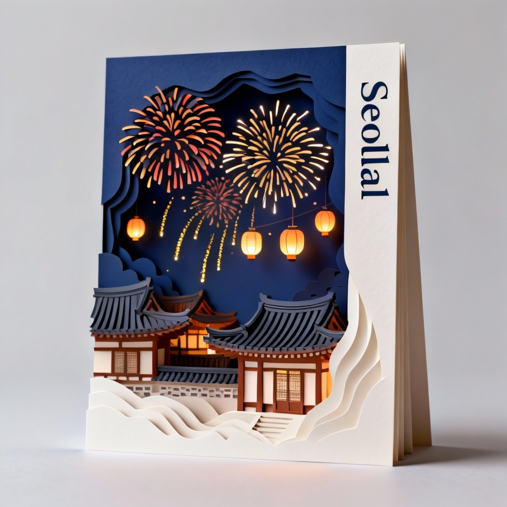 Night fireworks over hanok rooftops on a Seollal card