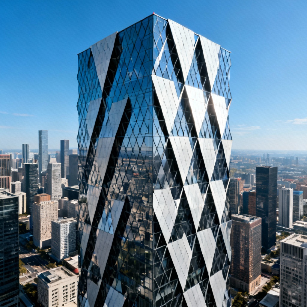 Parametric office tower with dynamic facade shading in bright daylight