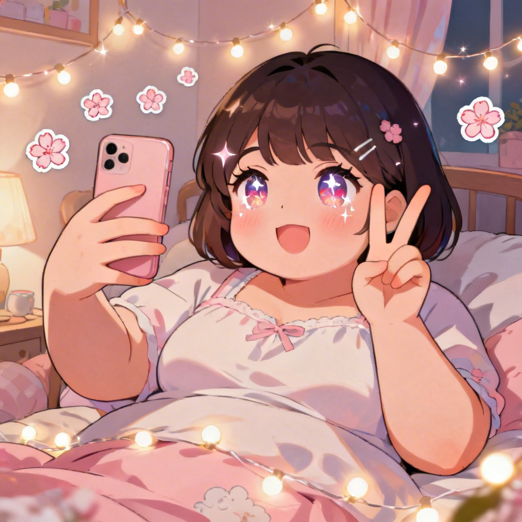 Anime-style chubby girlfriend selfie with pastel colors