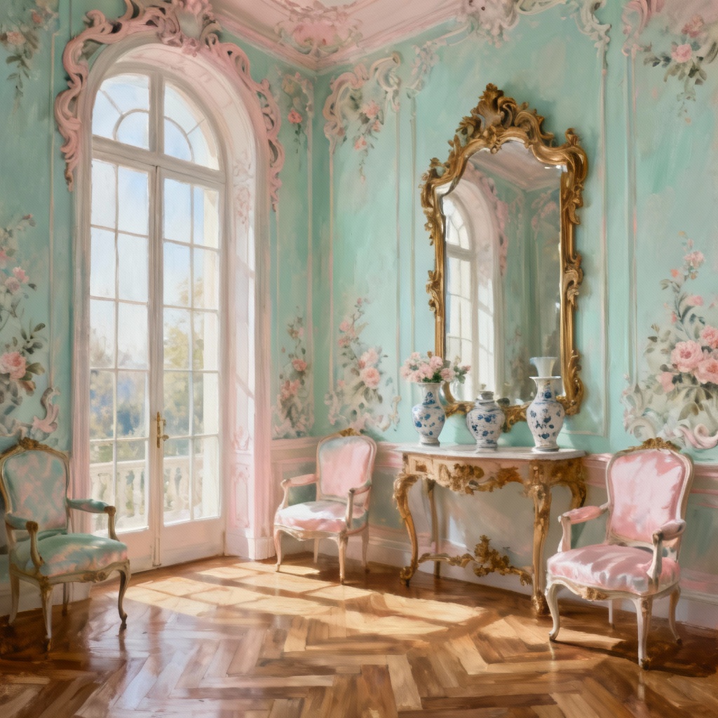 AI rococo salon with pastel paneling and ornate mirrors