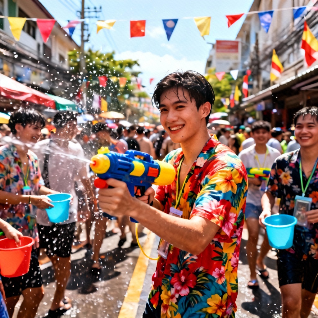 AI Songkran street celebration with water guns and splashes