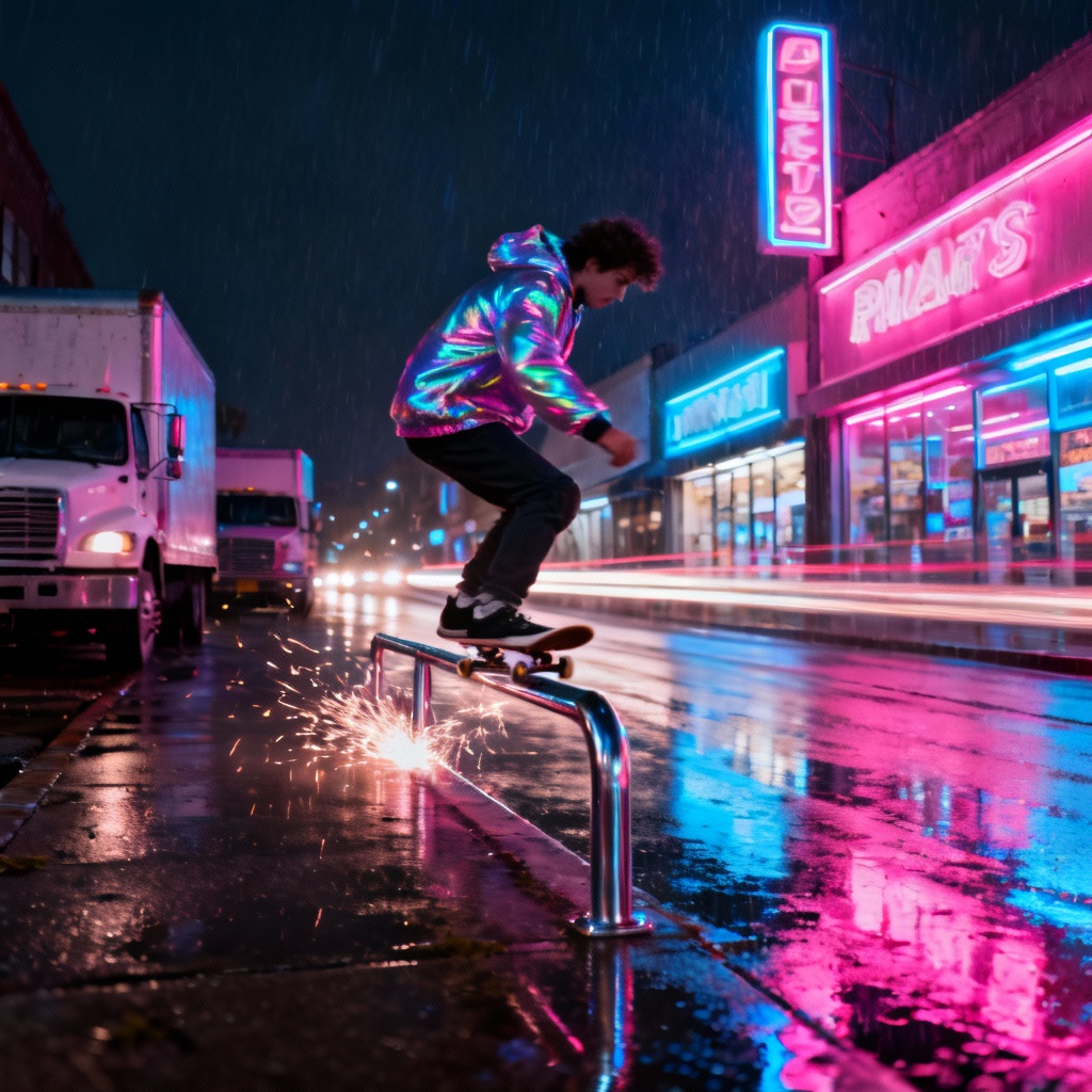 AI neon rail grind at night with rain reflections