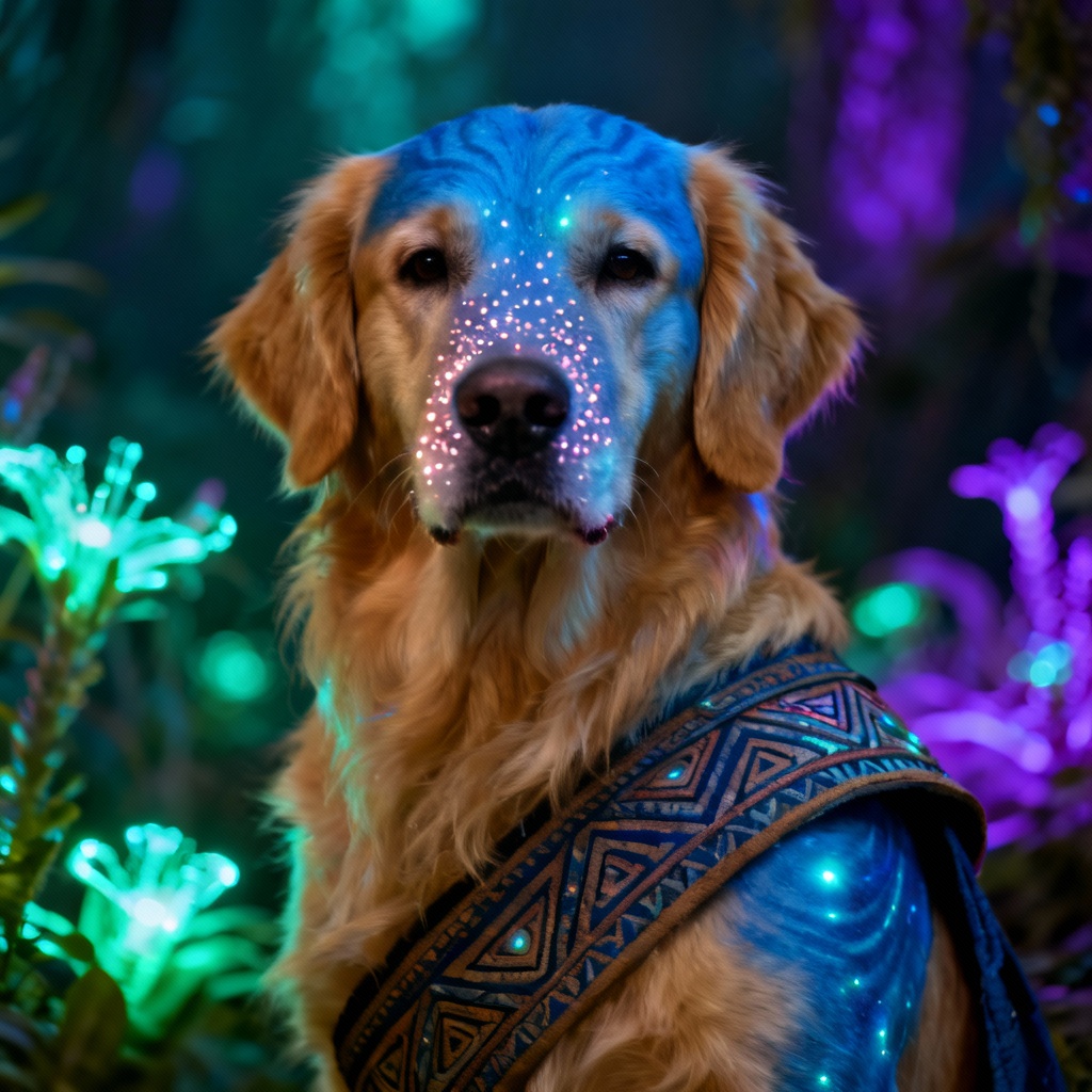 Heroic dog Navi makeover under forest lights