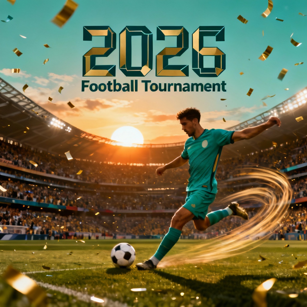 AI 2026 World Cup poster with stadium and striker action