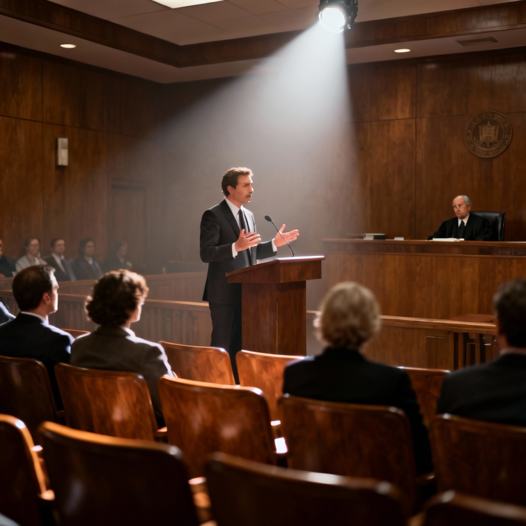 AI courtroom scene with attorney addressing jury