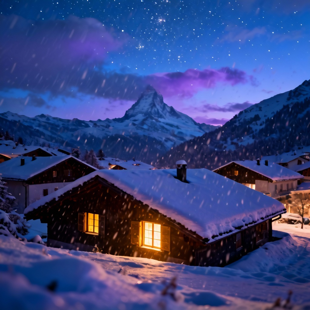 AI snowy village at blue hour with warm windows