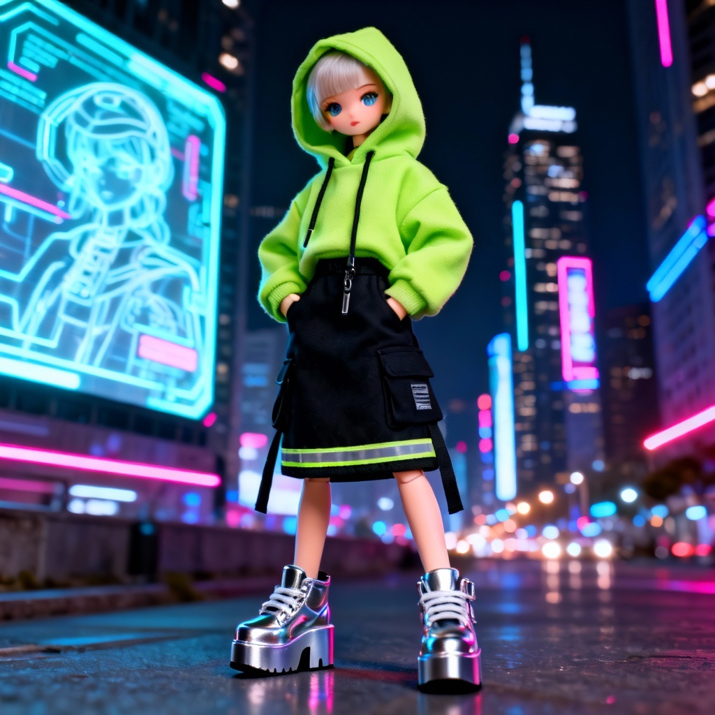 AI doll in neon streetwear outfit at night