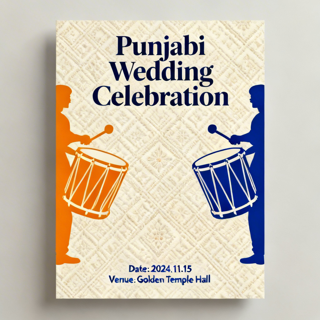 AI Punjabi wedding invitation with dhol and baraat illustrations