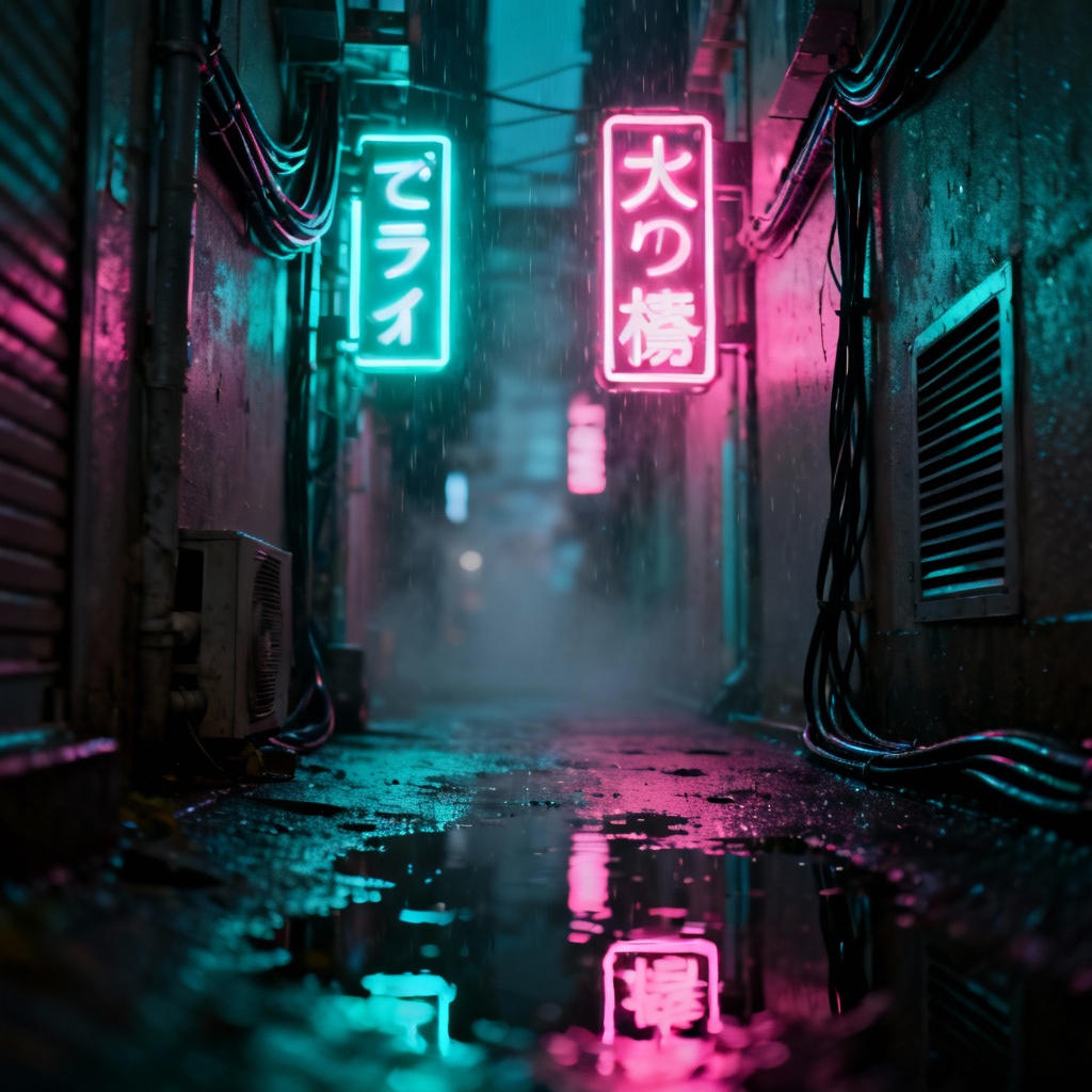 Cyberpunk wallpaper of neon rain alley with reflective puddles