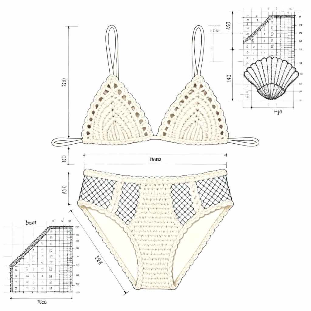 Technical crochet bikini flat sketch with stitch chart and measurements