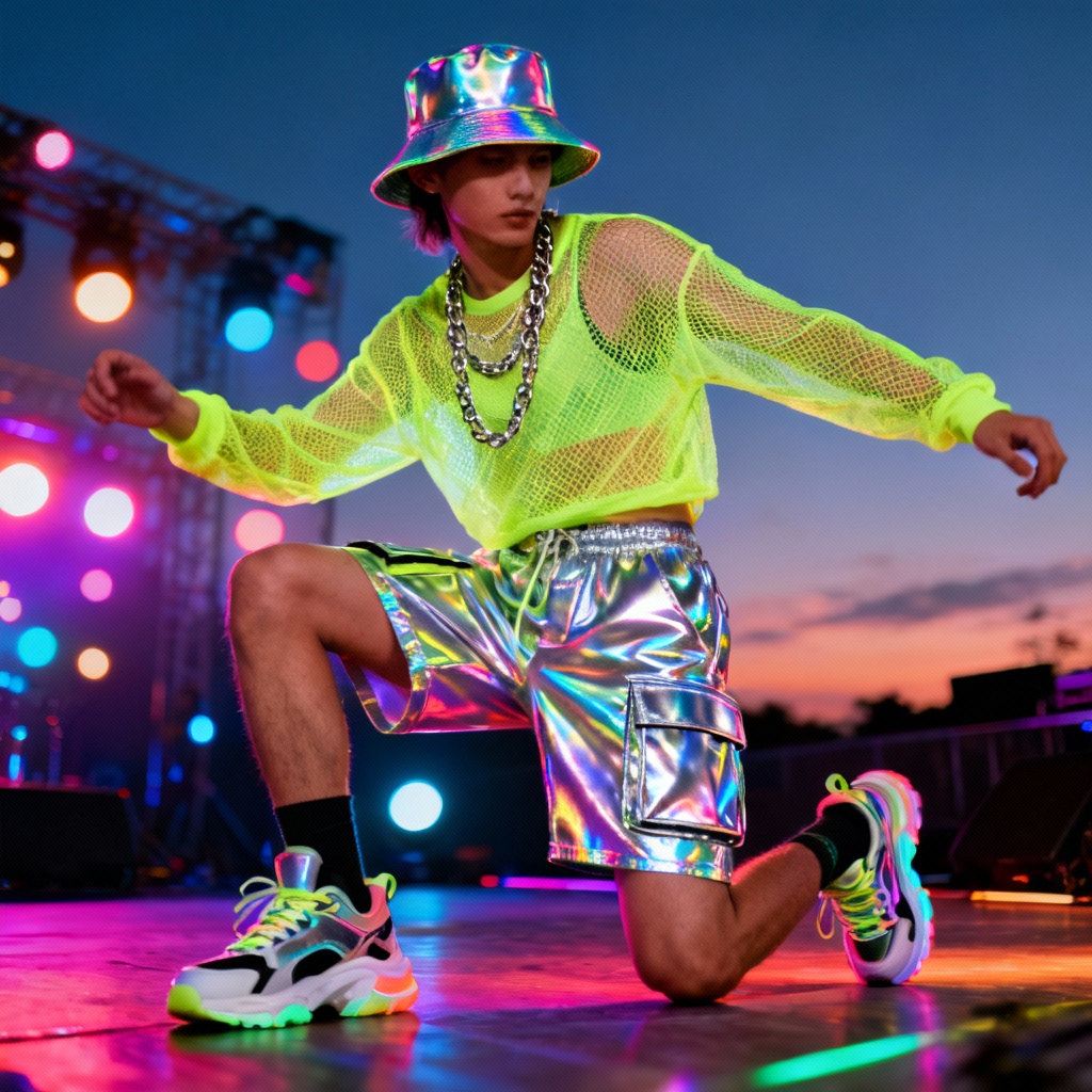 AI festival neon streetwear outfit with cargo shorts and mesh top