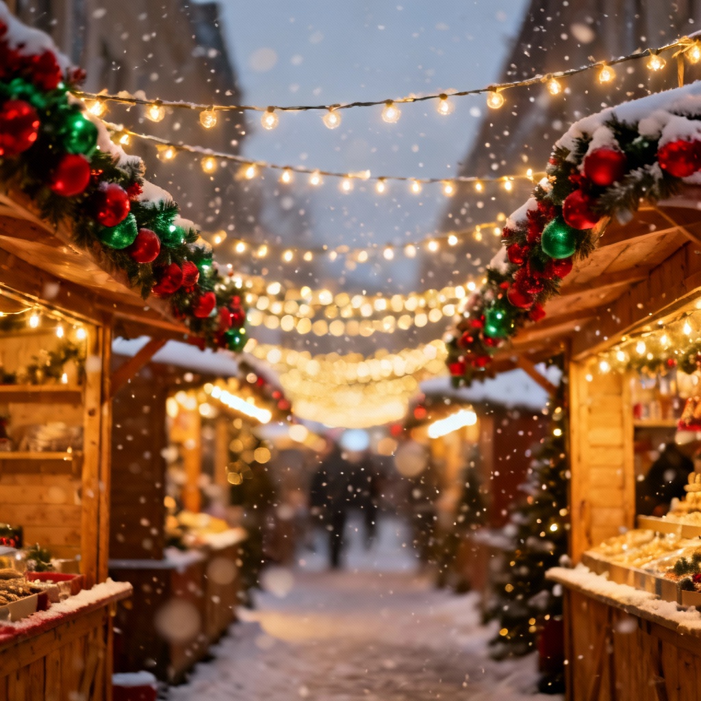 Christmas market street winter background with lights and snow