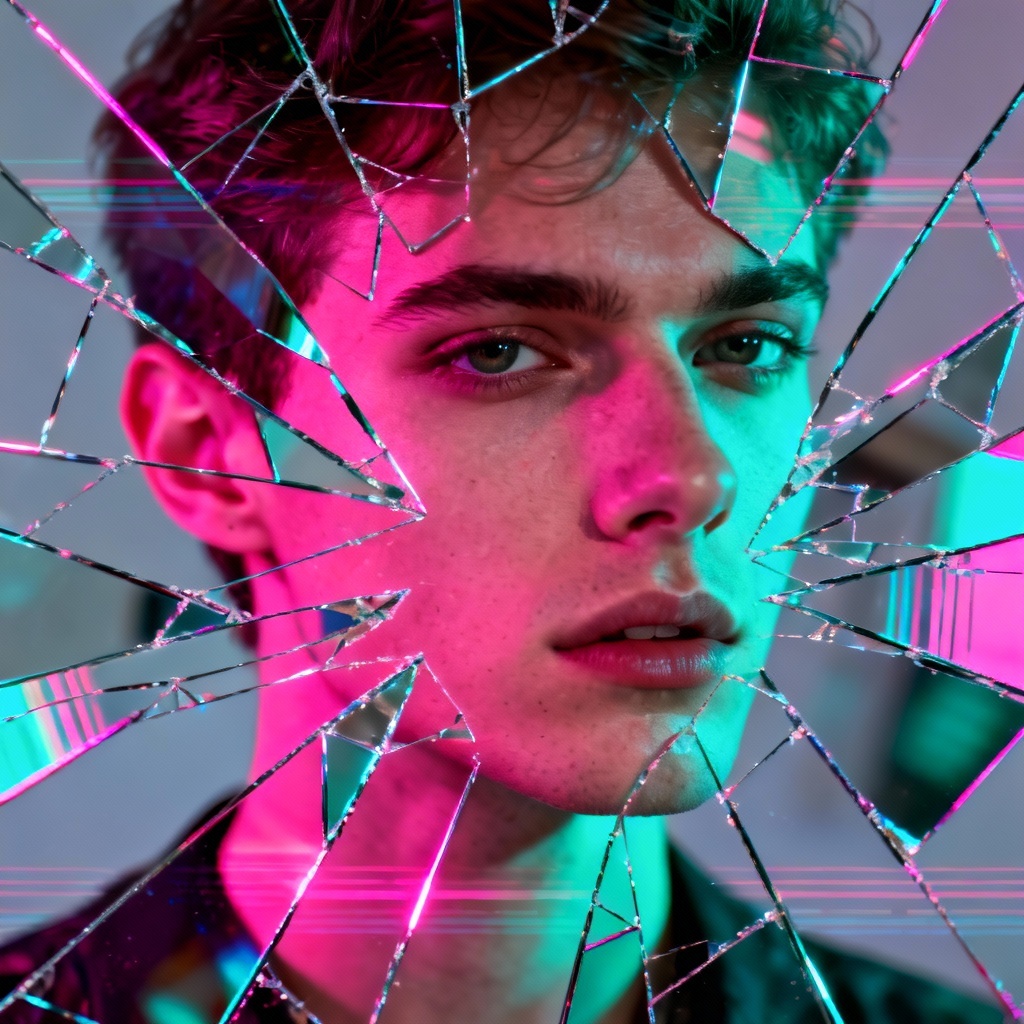 AI portrait with shattered mirror and glitch effect