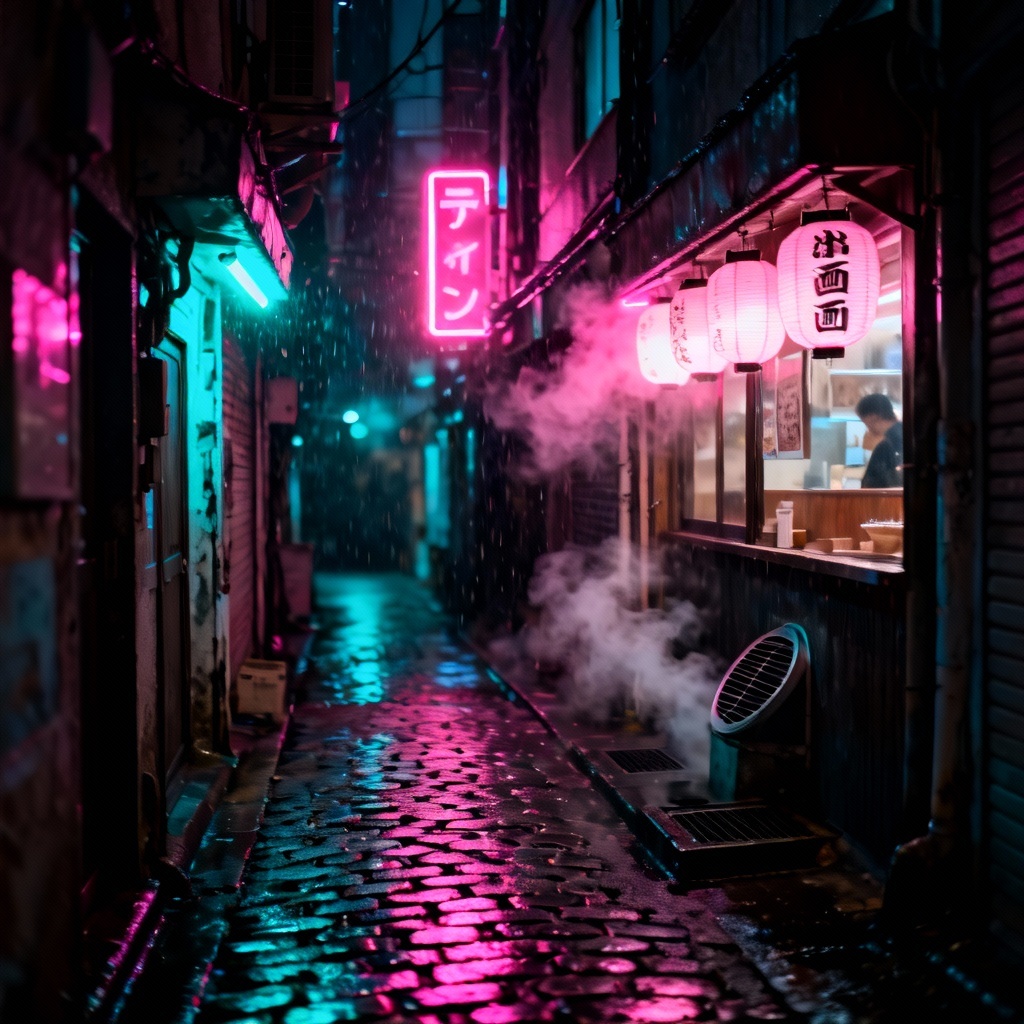 Neon alley city night scene with rain reflections