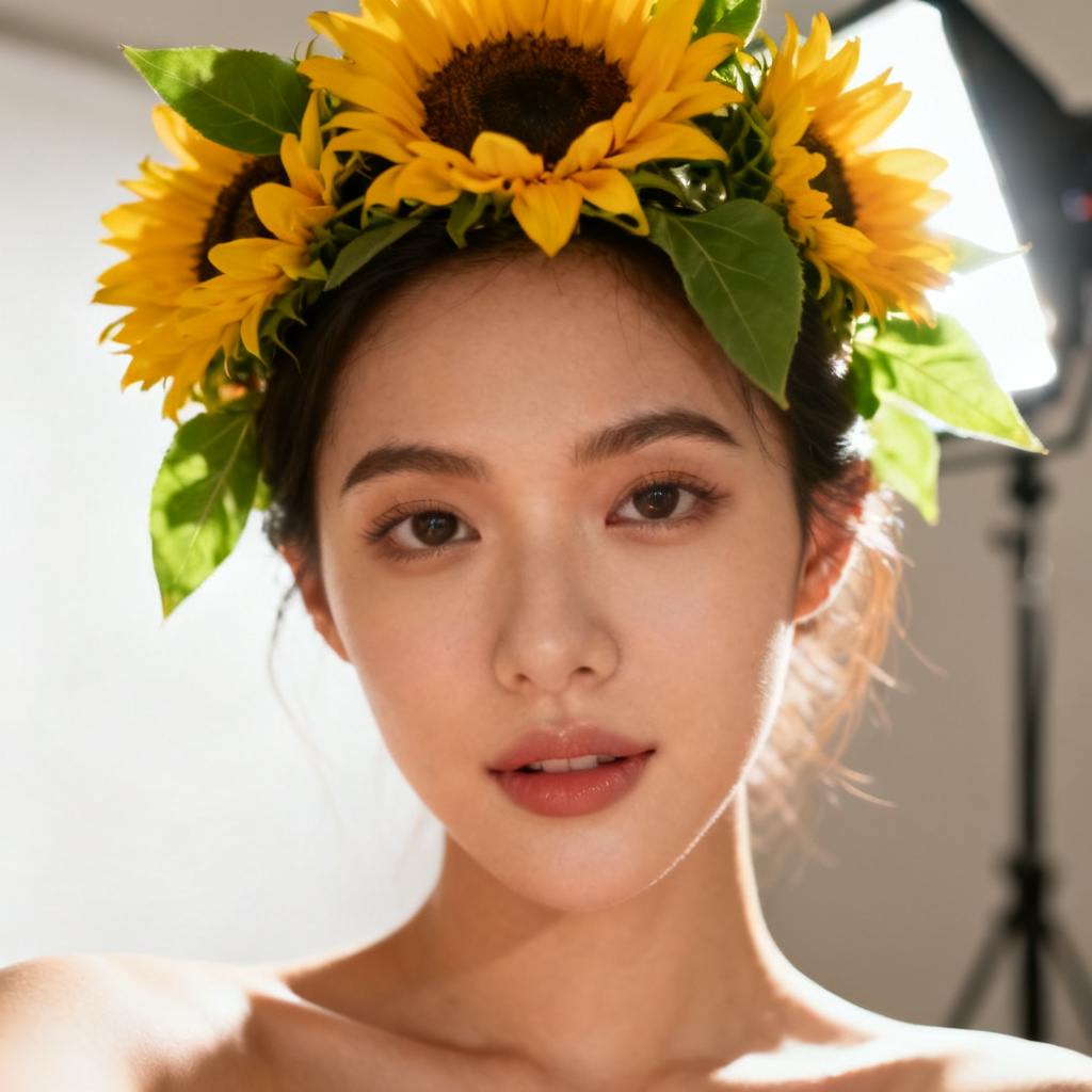 Vibrant selfie with sunflower crown effect