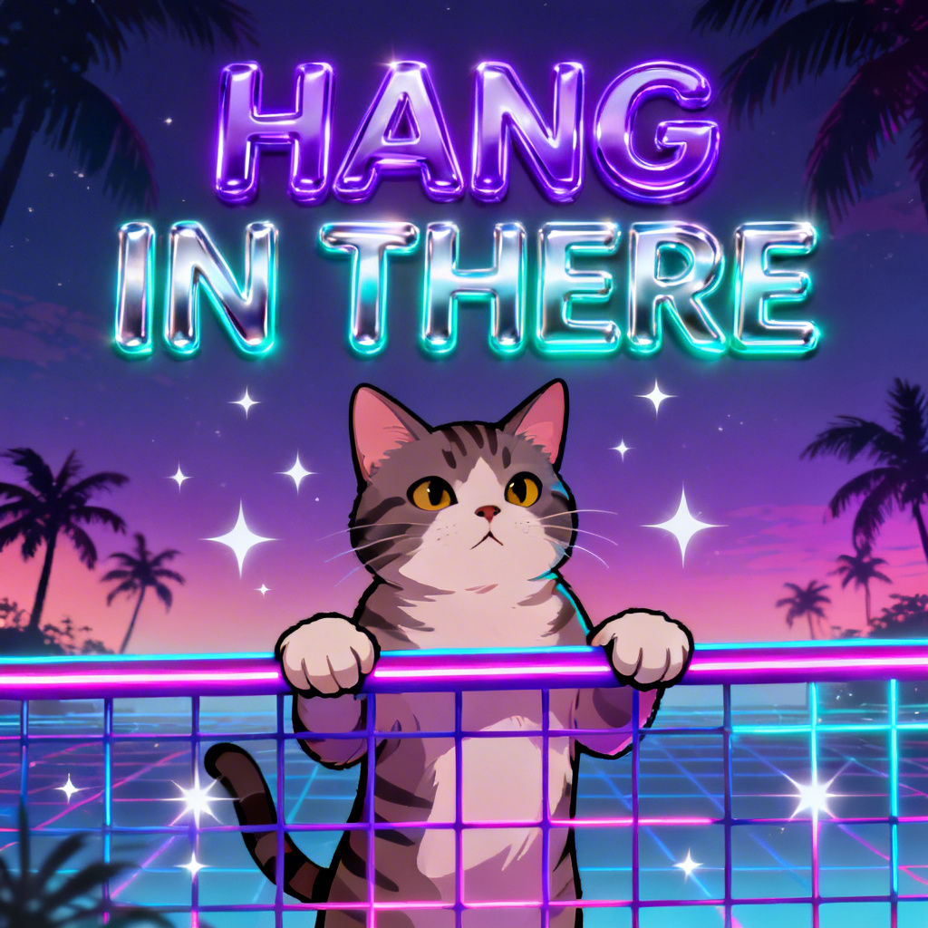 Vaporwave hang in there cat poster with neon and chrome text