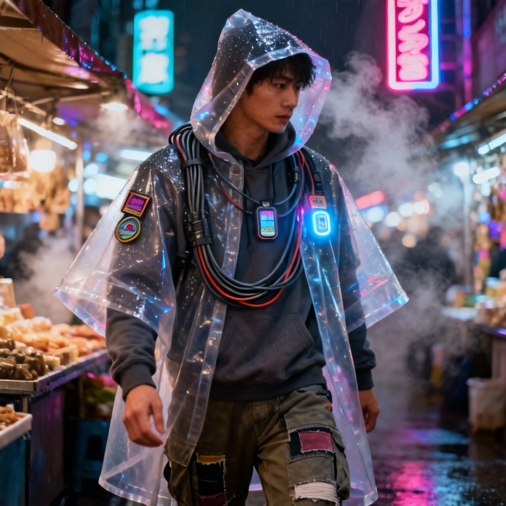 AI Cyberpunk Marketplace Hoodie Poncho