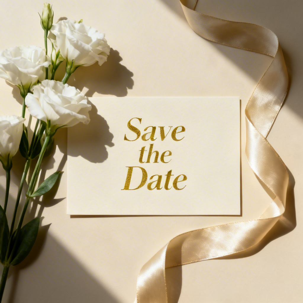 AI wedding save the date invitation flatlay