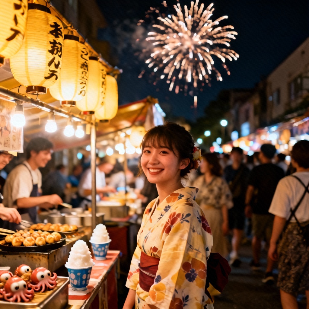 Crowded festival street with lanterns and fireworks
