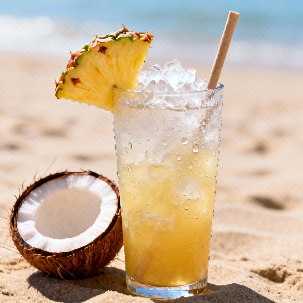 AI tropical cold drink with pineapple garnish on beach