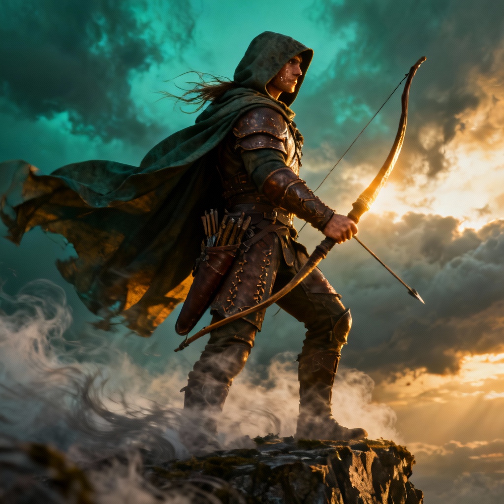 AI adventurer generator creating a cinematic cliffside ranger