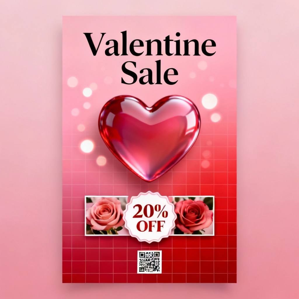 AI Valentine Promotion Poster with heart, roses, and sale headline