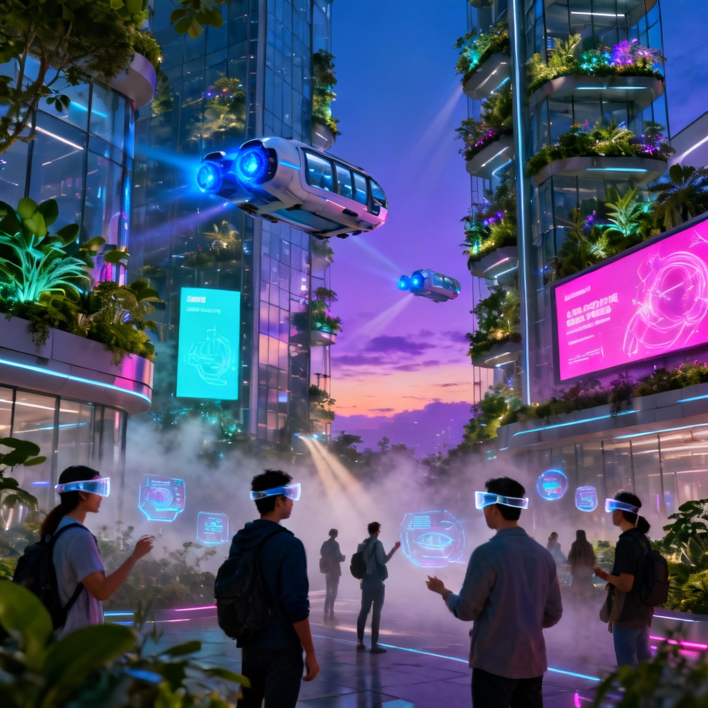 AI-generated futuristic smart city hub with holograms and transit pods