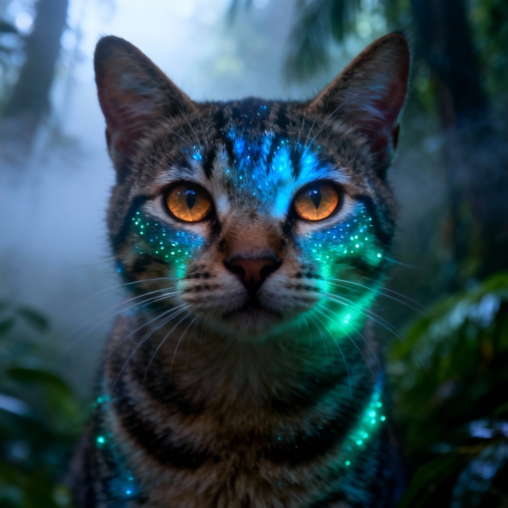 AI Navi pet filter applied to a cat with glowing patterns