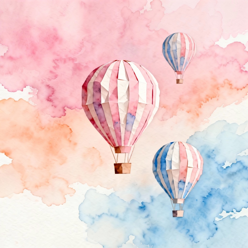 Watercolor pastel hot air balloon background with soft clouds