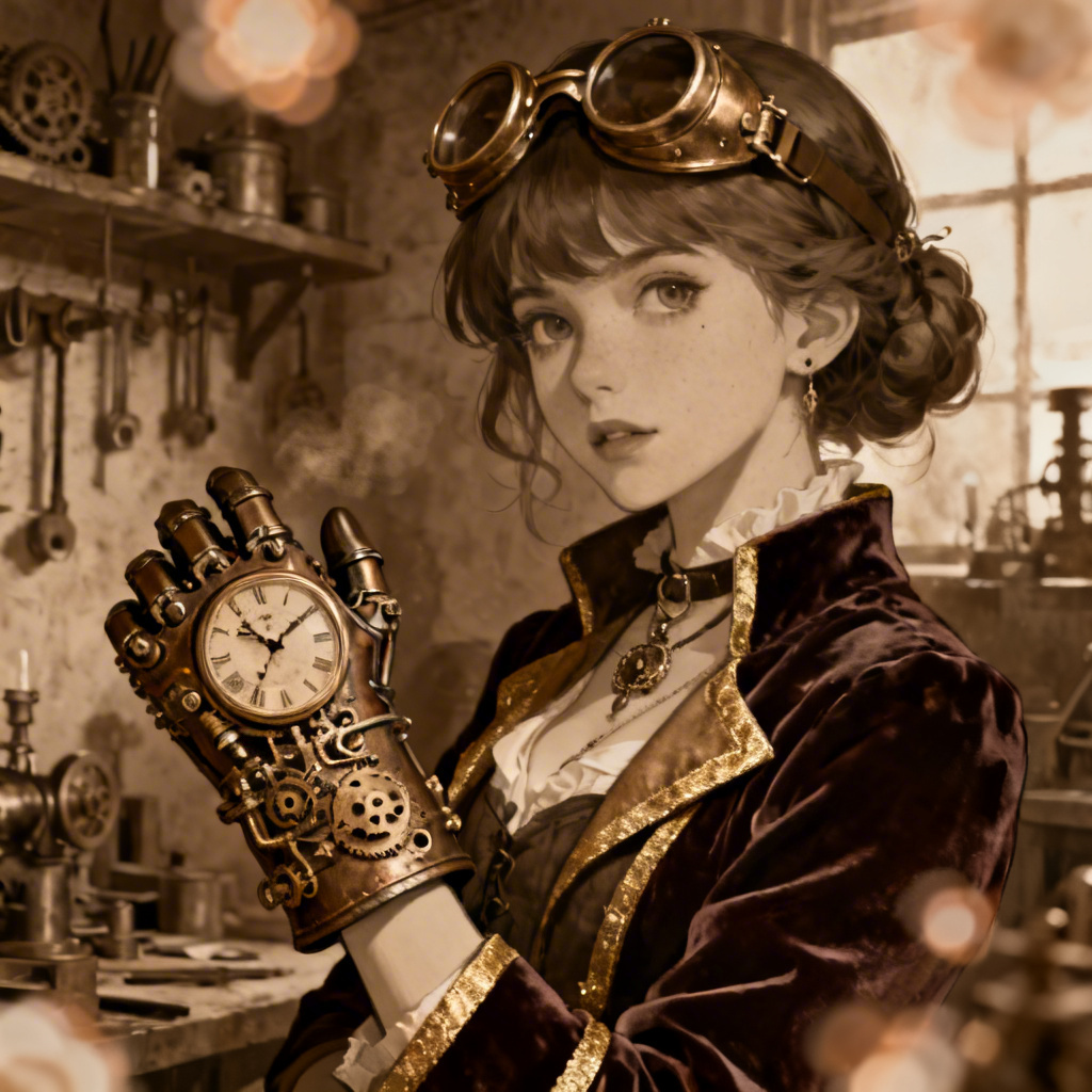 AI steampunk character with royal attire and gadgets
