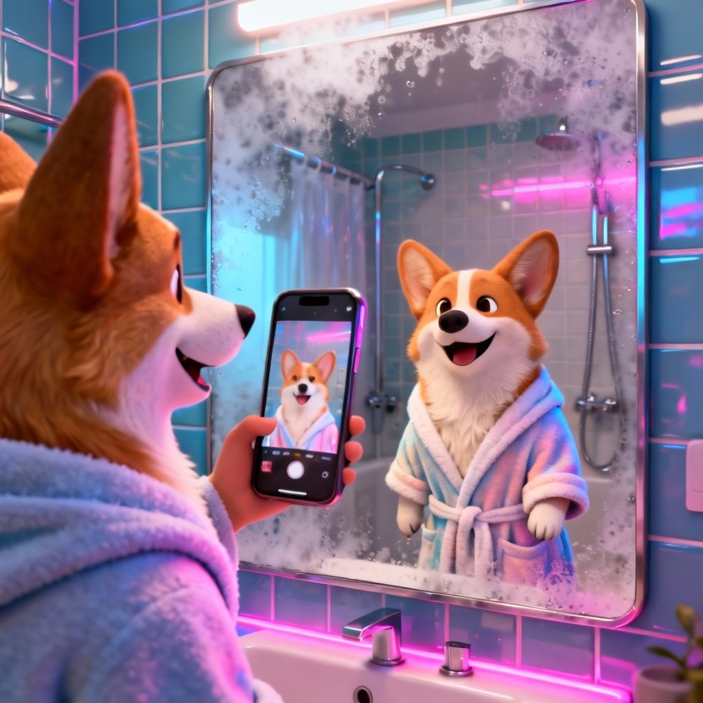 Funny corgi bathroom selfie portrait