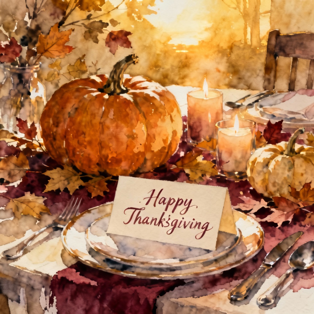 AI Happy Thanksgiving card with autumn table, pumpkins, and calligraphy