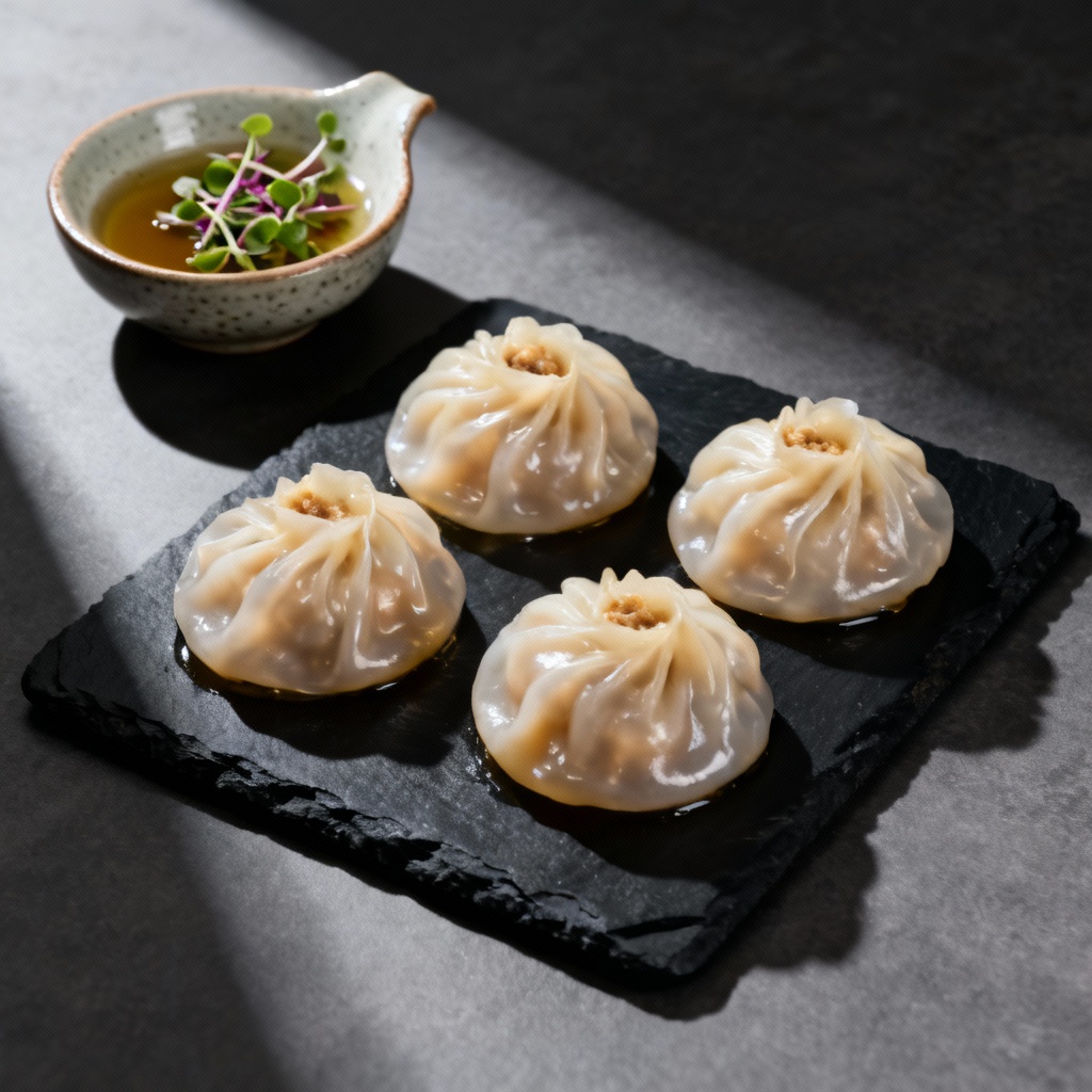 Elegant soup dumplings styled for fine dining menu