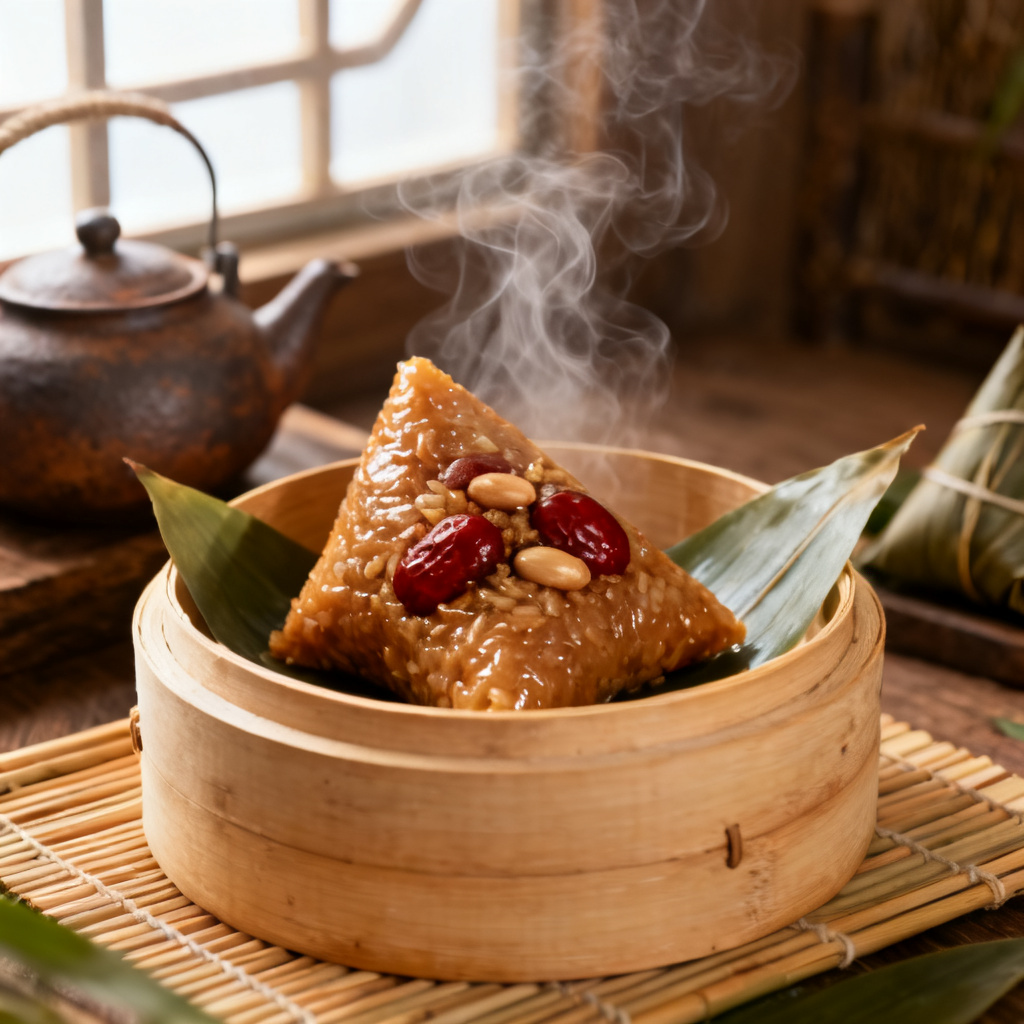 AI Zongzi feast in bamboo steamer with steam and tea set