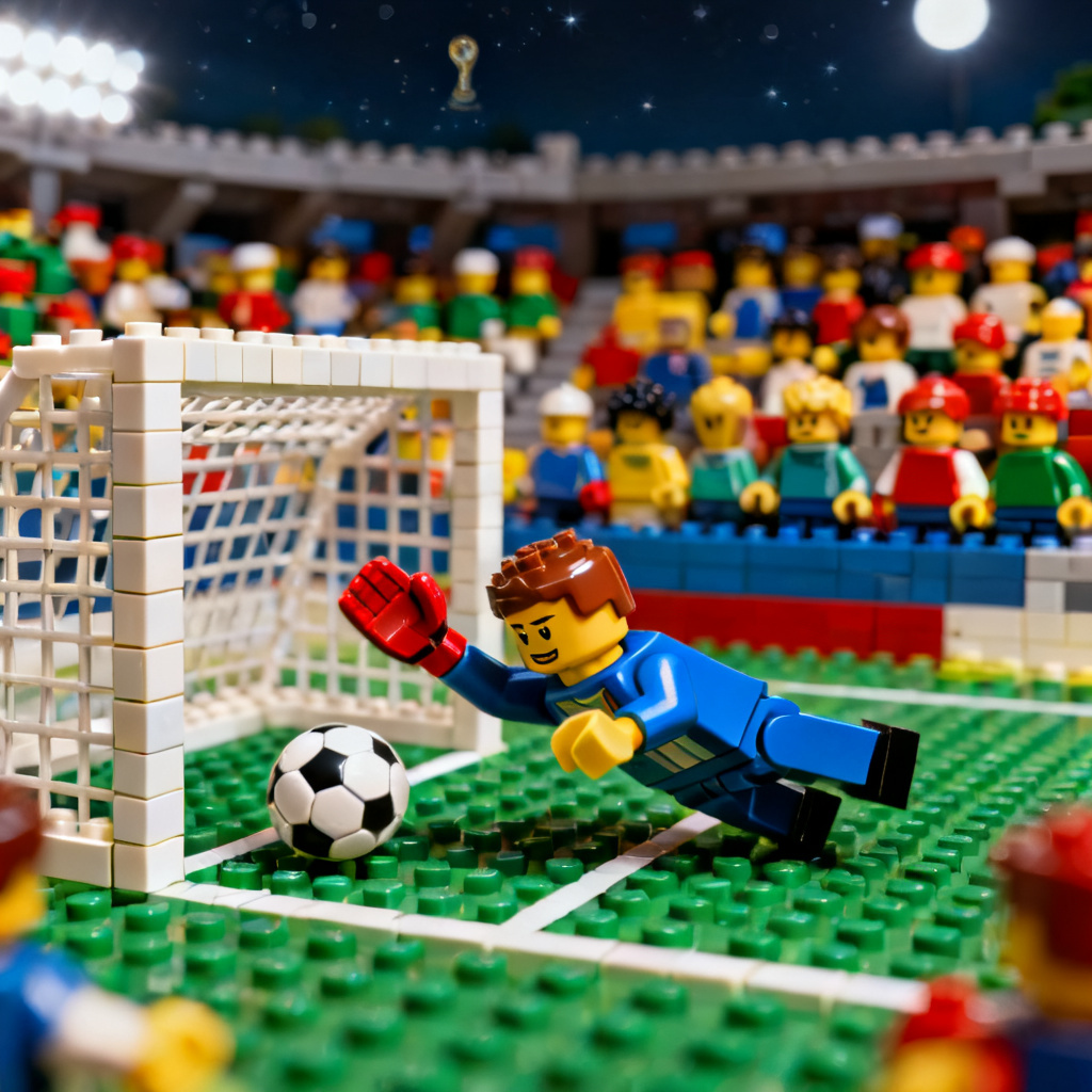 AI worldcup-lego goalkeeper diving save in brick stadium