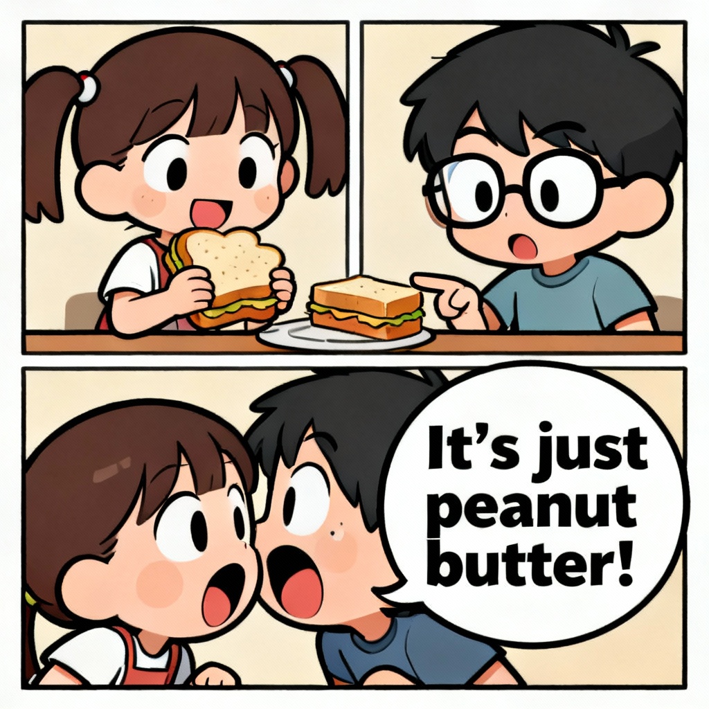 AI 4-panel chibi gag comic with punchline