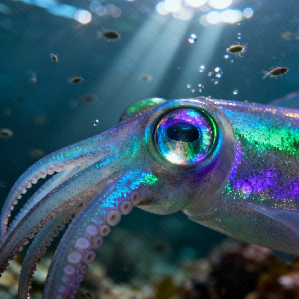 Photorealistic squid closeup with bokeh water