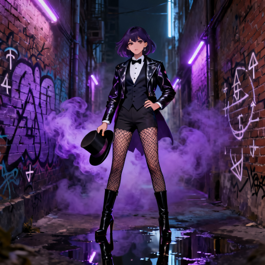 AI Zatanna-inspired streetwear magician in neon city alley